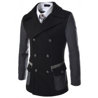 Men Black Slim Double Breasted 2 Tone Wool Coat